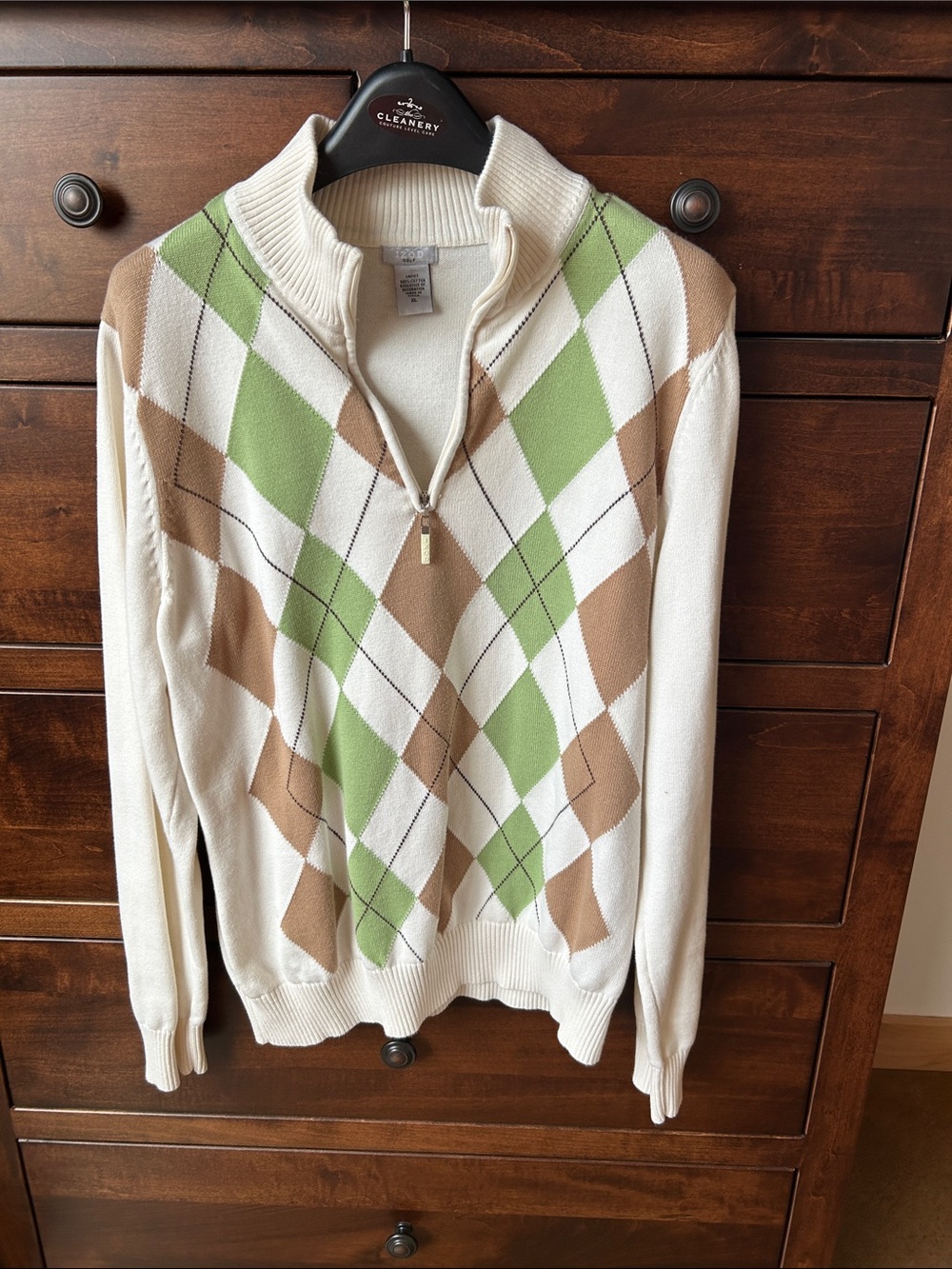 Izod Cream Half-Zip Argyle Sweater with Green & Brown Diamonds